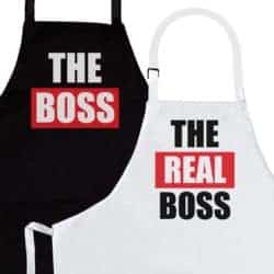 funny housewarming gifts - The Boss & The Real Boss 2-Piece Kitchen Apron Set