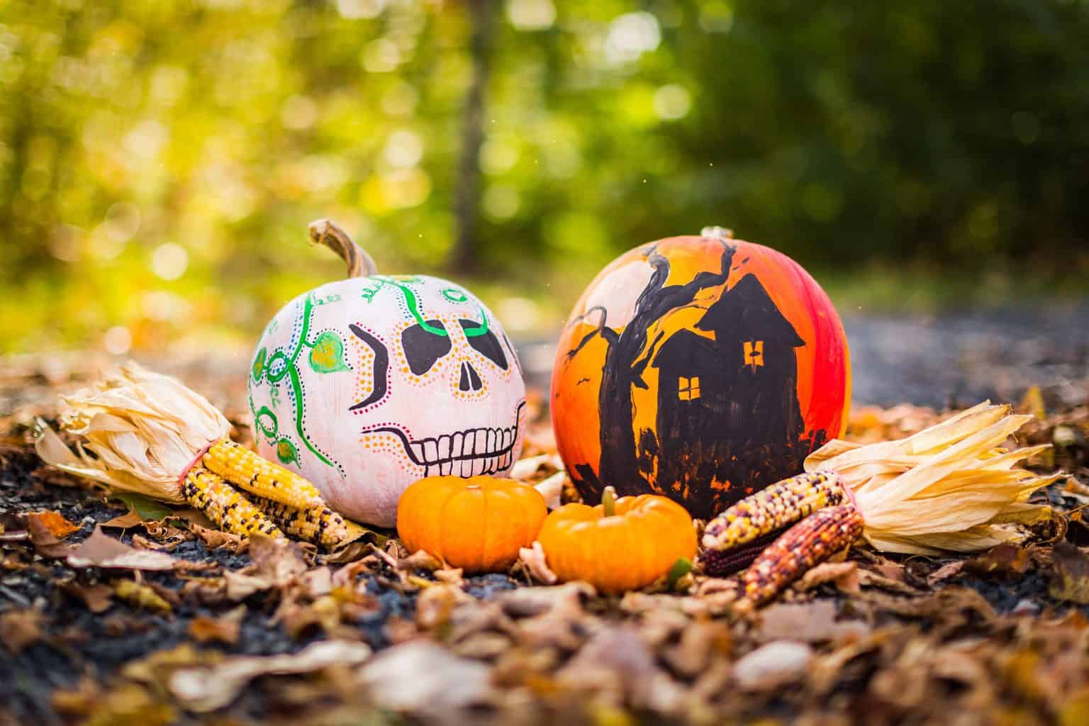 Two pumpkins painted with spooky images