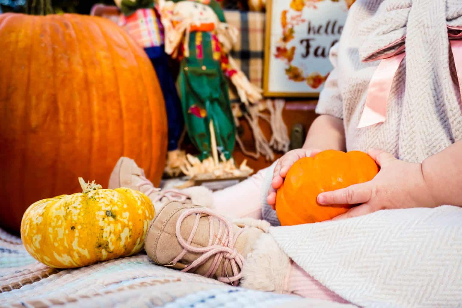 All size of pumpkins used as an ornament held by a baby