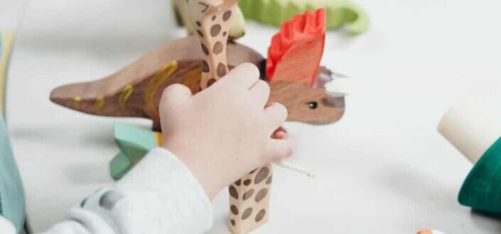 Child holding brown and green wooden animal toys